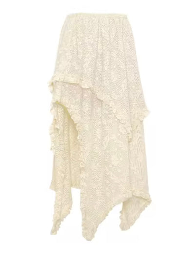 Beige boho asymmetrical edge midi open skirt