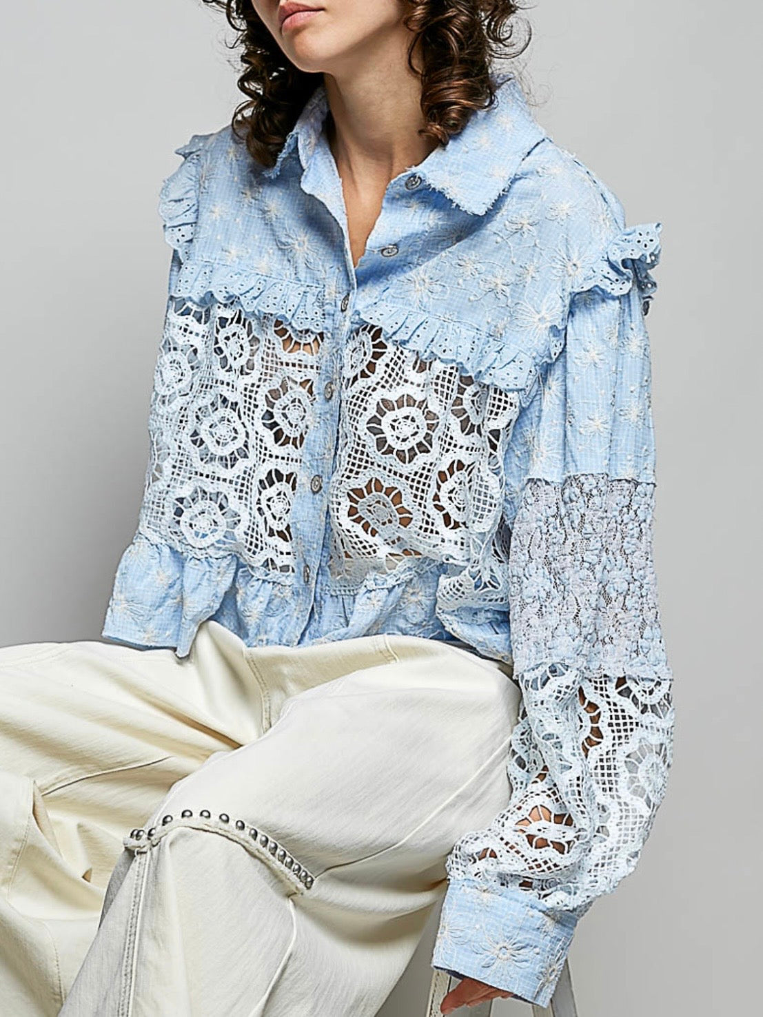 Light blue and white crochet floral lace shirt