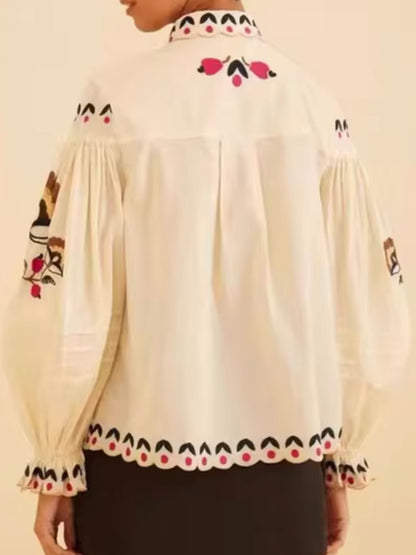 Beige floral embroidered bomber sleeves shirt