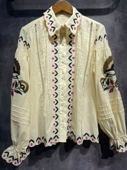 Beige floral embroidered bomber sleeves shirt