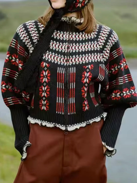 Black, red and white cardigan sweater