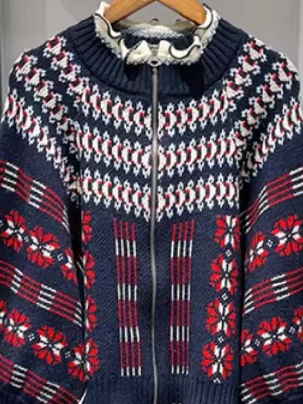 Black, red and white cardigan sweater