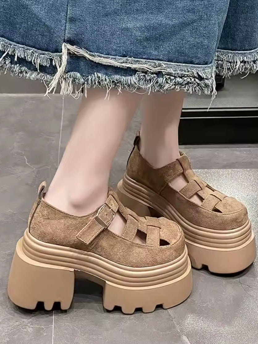 Brown roman buckled platform sandals