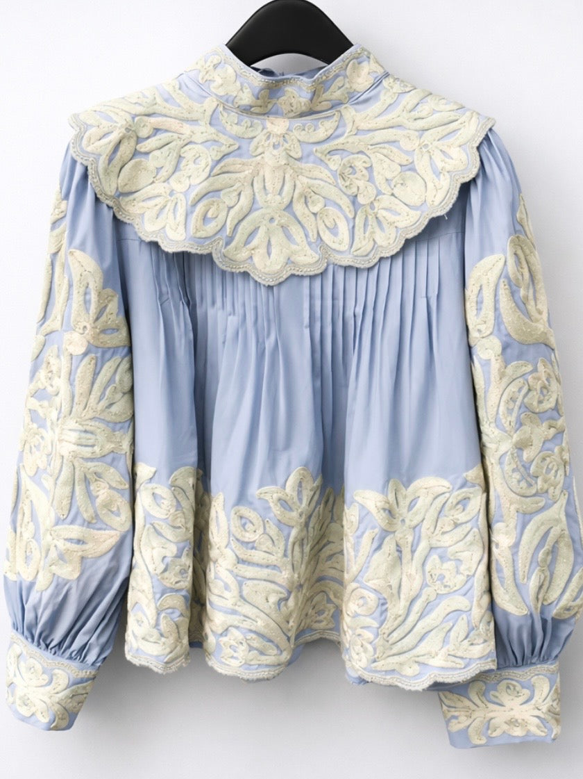 Light blue white big neckline bomber shirt