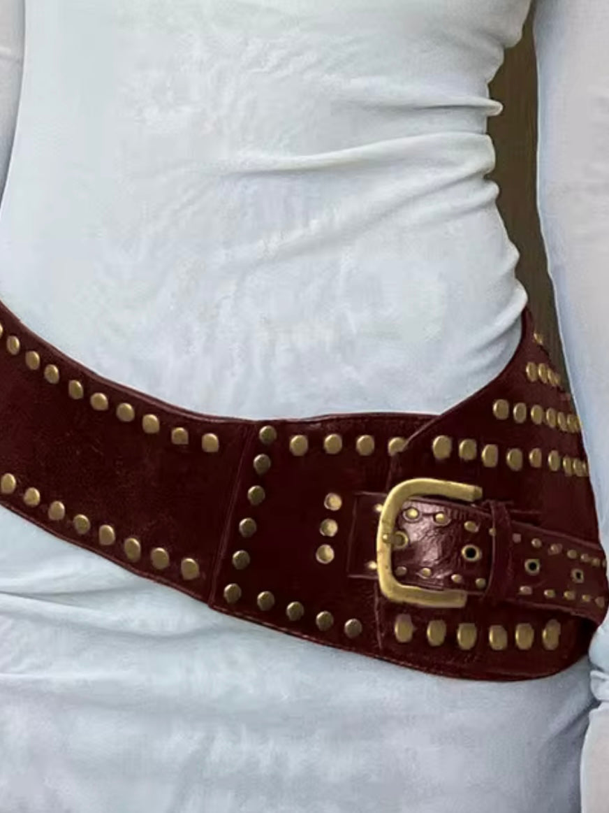 Solid colors and gold studded wide buckle boho belt