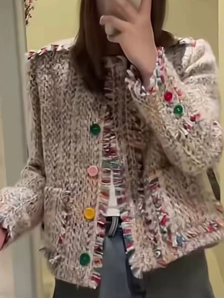 Beige colored buttons crop top tweed jacket