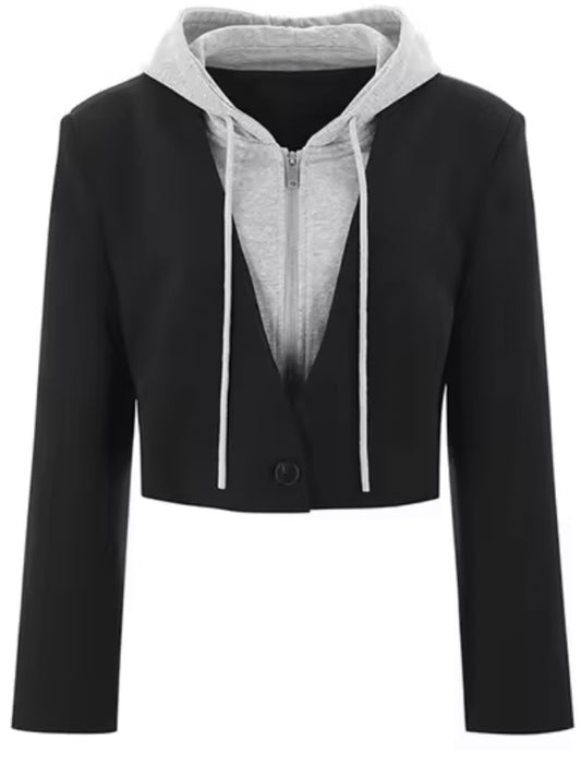 Black and white hooded crop blazer jacket