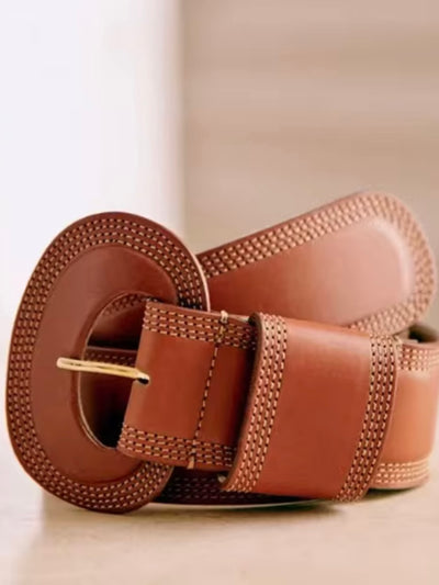 Brown leather boho stitched belt