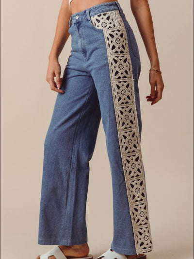 Denim leg side floral crochet detail mid blue jeans pants