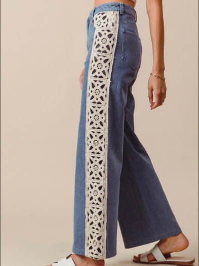 Denim leg side floral crochet detail mid blue jeans pants