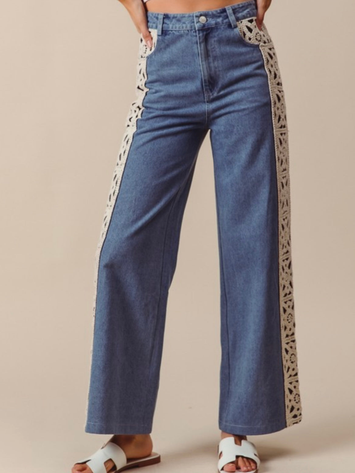 Denim leg side floral crochet detail mid blue jeans pants