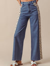 Denim leg side floral crochet detail mid blue jeans pants