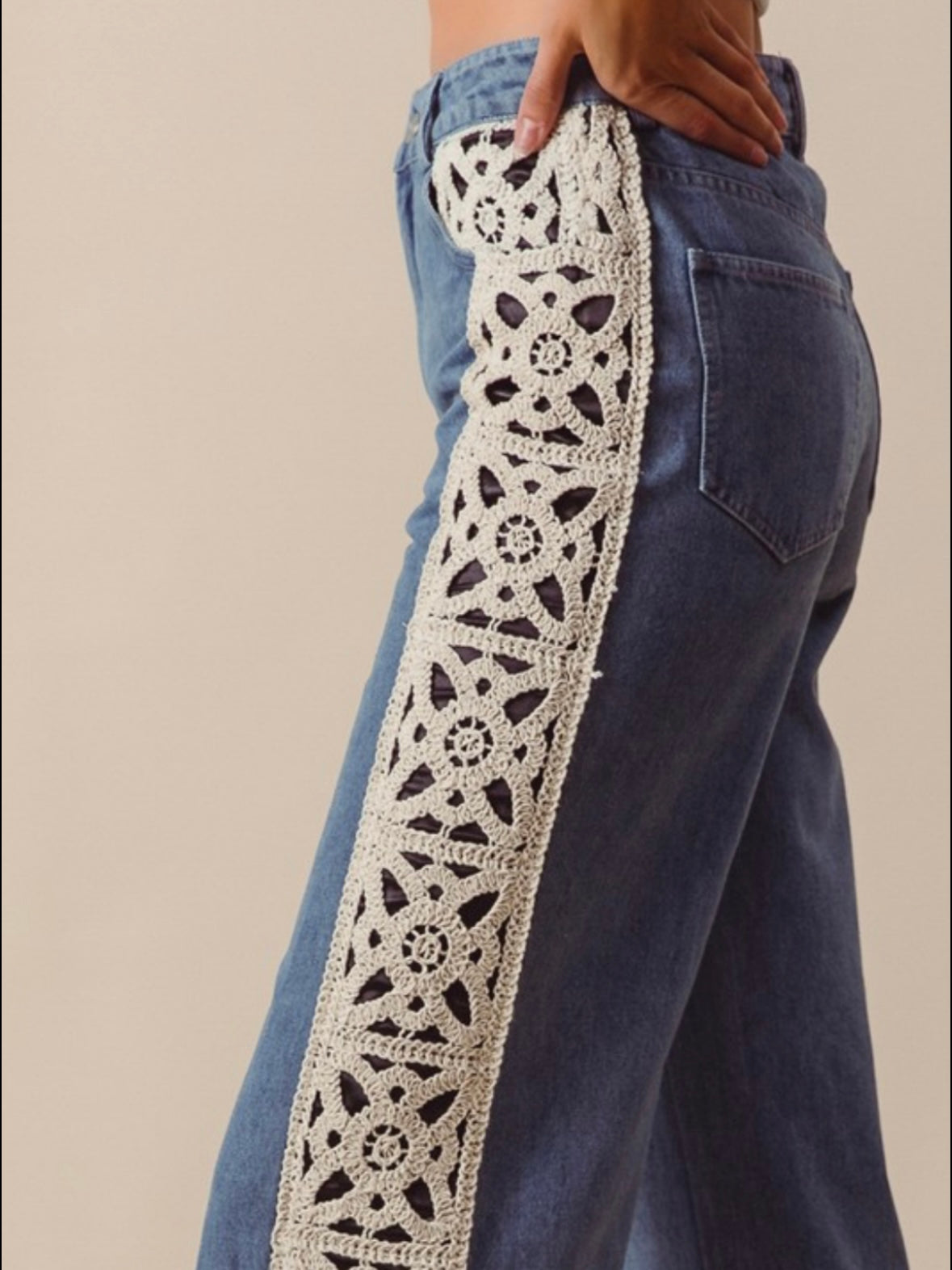 Denim leg side floral crochet detail mid blue jeans pants