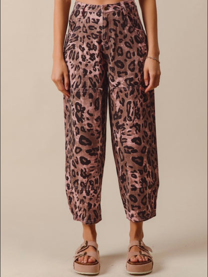 Pink leopard barrel jeans