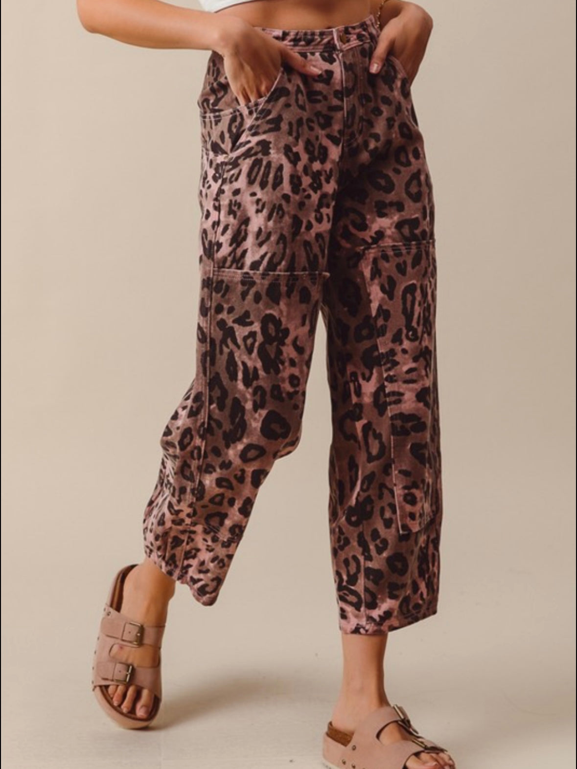 Pink leopard barrel jeans