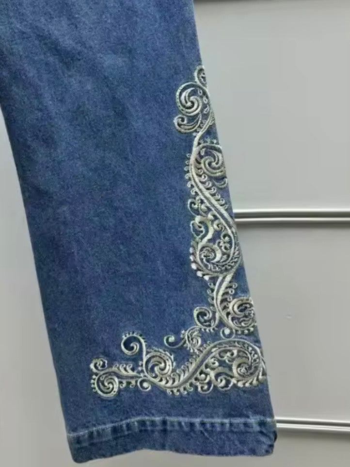 Blue wide embroidered leg jeans pants