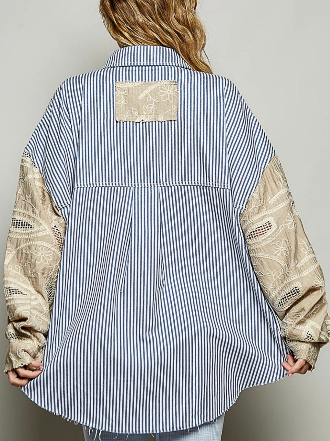 Blue striped mix fabrics shacket - shirt lace details