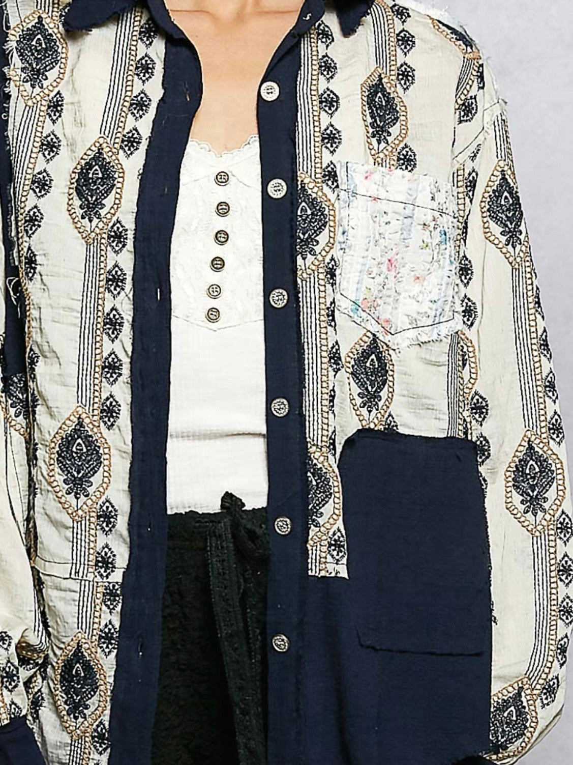 Beige and navy blue mix fabrics shacket - shirt lace details