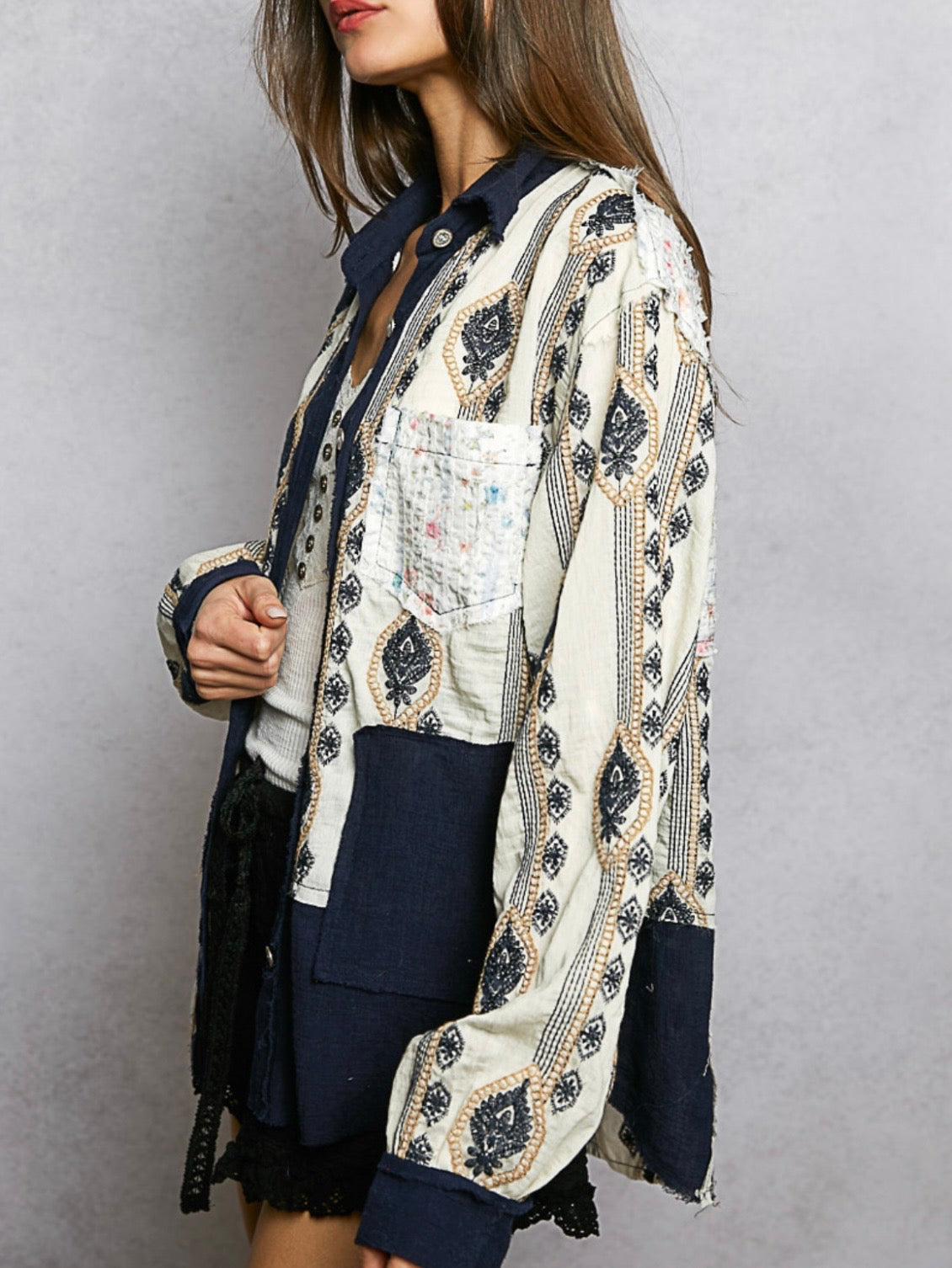 Beige and navy blue mix fabrics shacket - shirt lace details