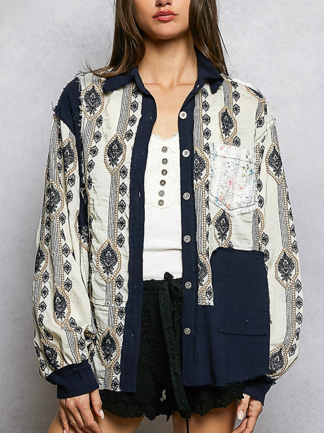 Beige and navy blue mix fabrics shacket - shirt lace details
