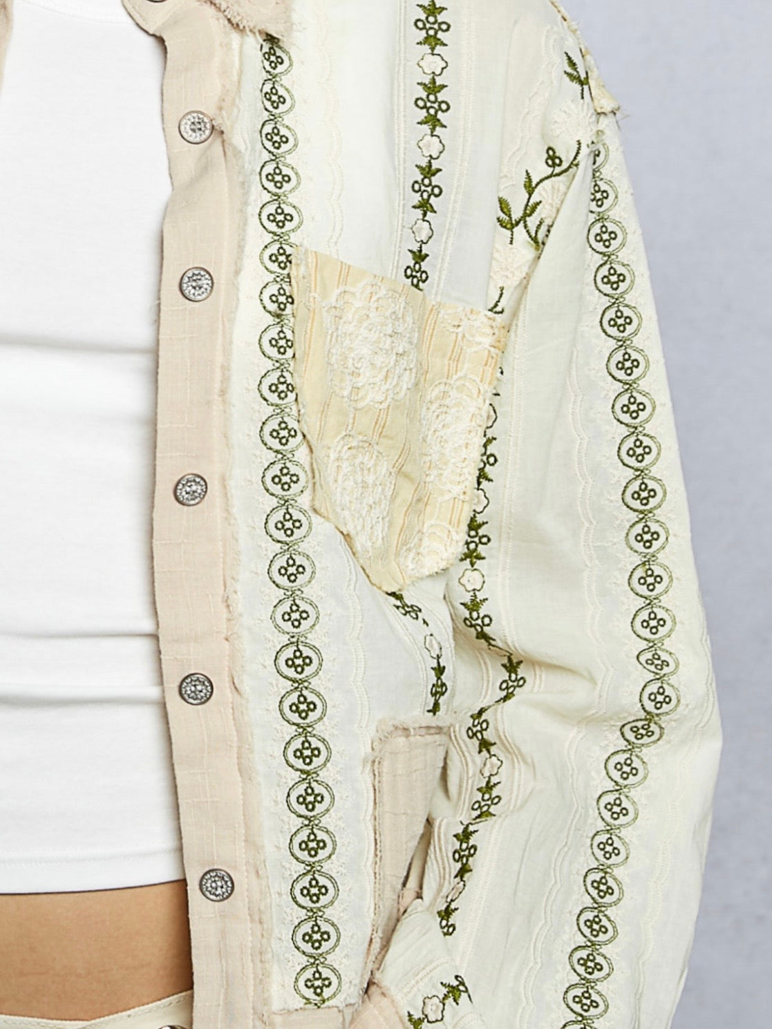 Beige and green mix fabrics shacket - shirt lace details