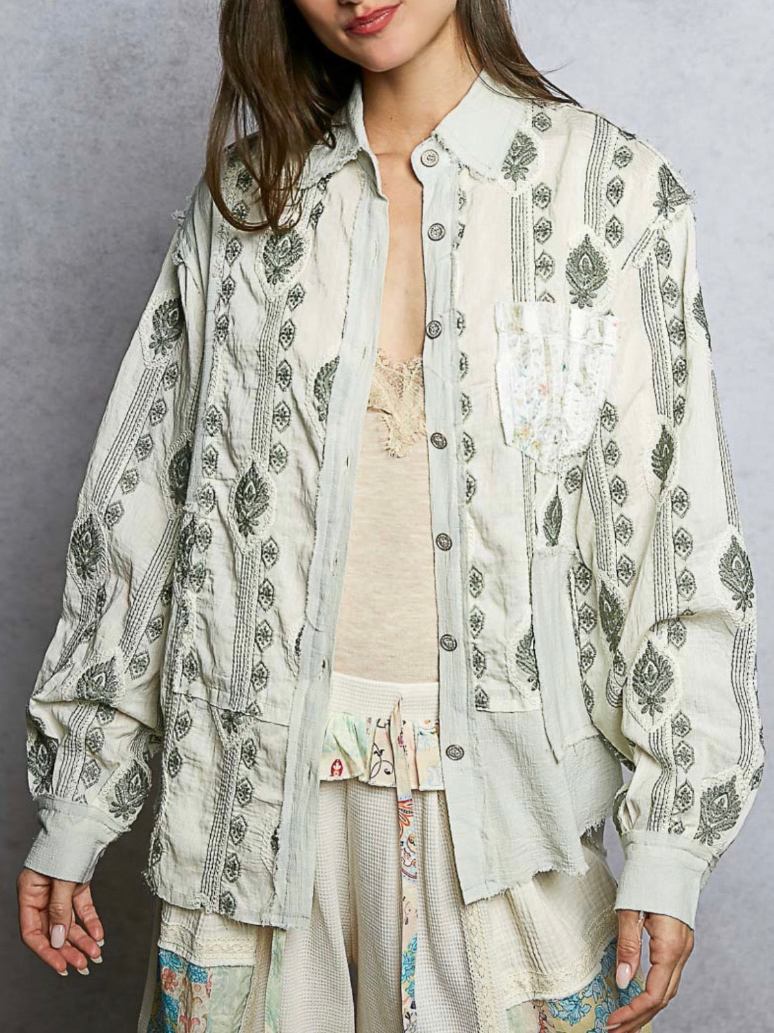 Beige and green mix fabrics shacket - shirt lace details