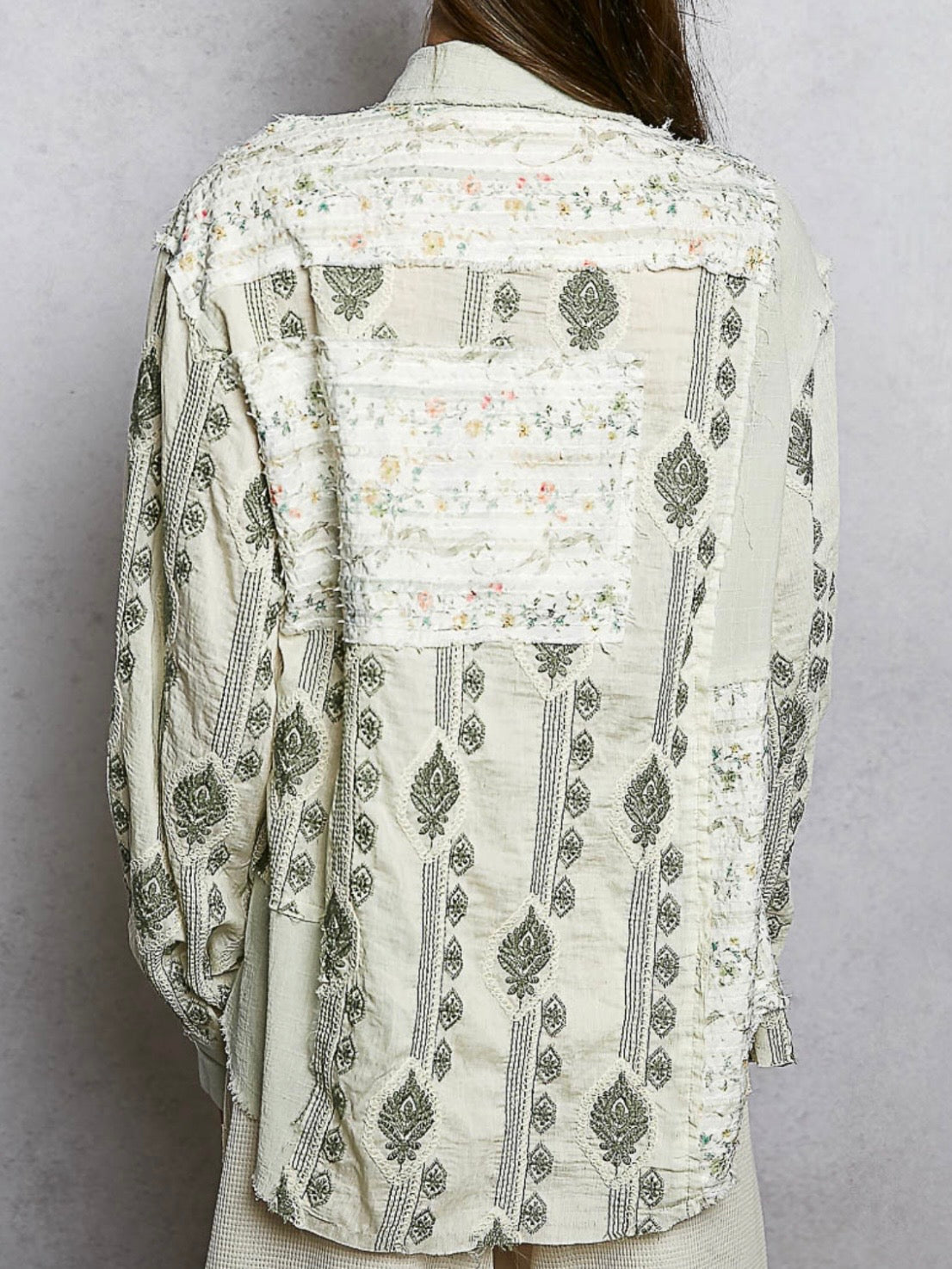 Beige and green mix fabrics shacket - shirt lace details