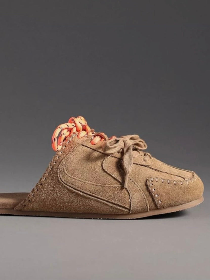 Beige and brown flats slides