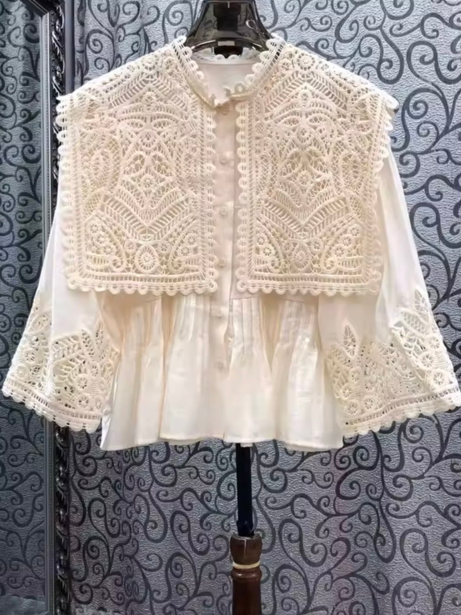 Beige big neck crochet floral lace shirt