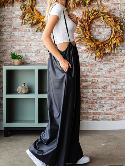 Black faux leather loose and flare jumper overall