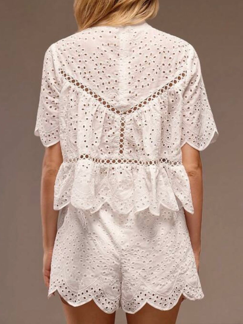 White lace fabric set of 2 shirt and shorts pants
