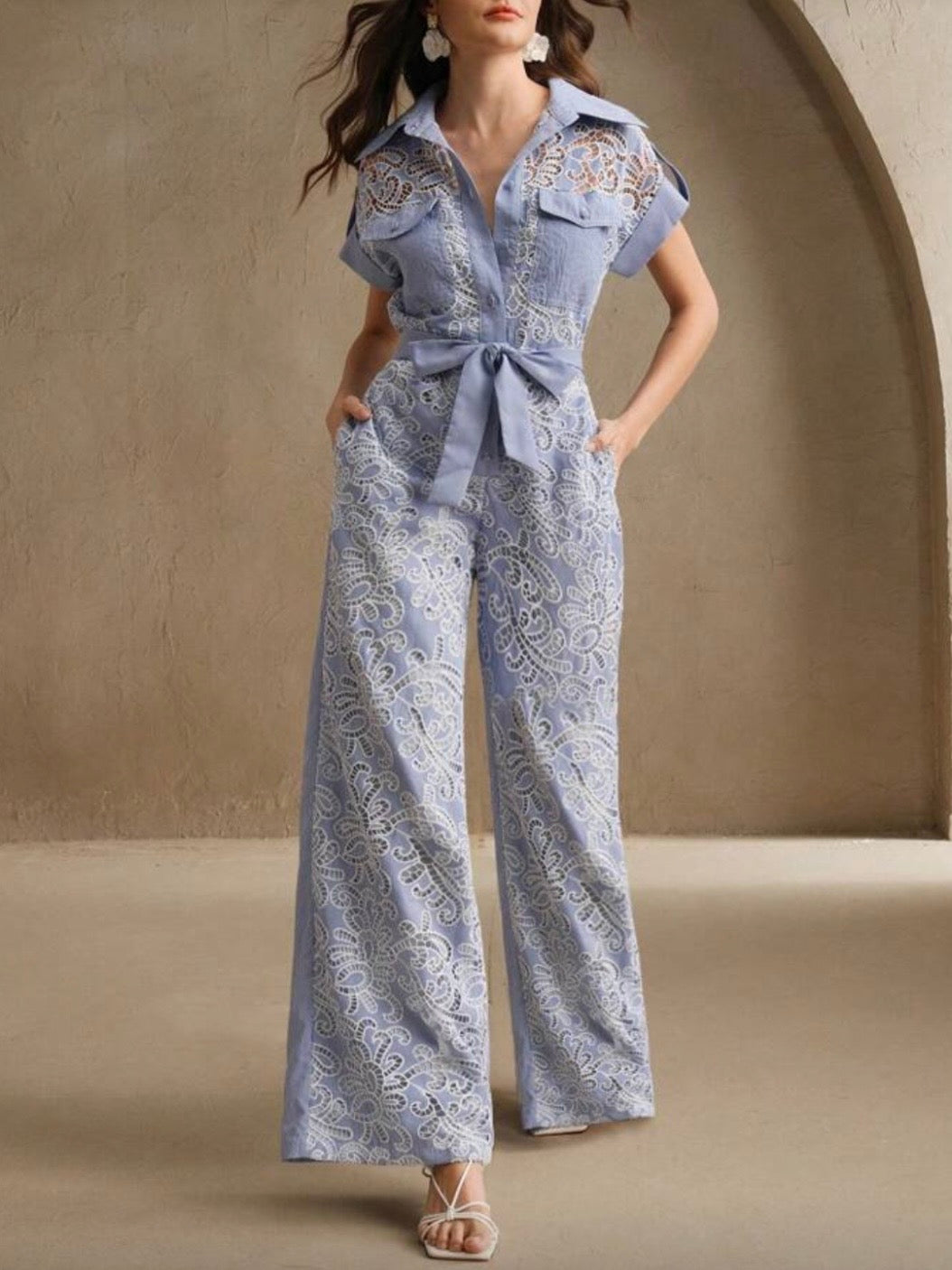 Blue and White striped lace floral jumper