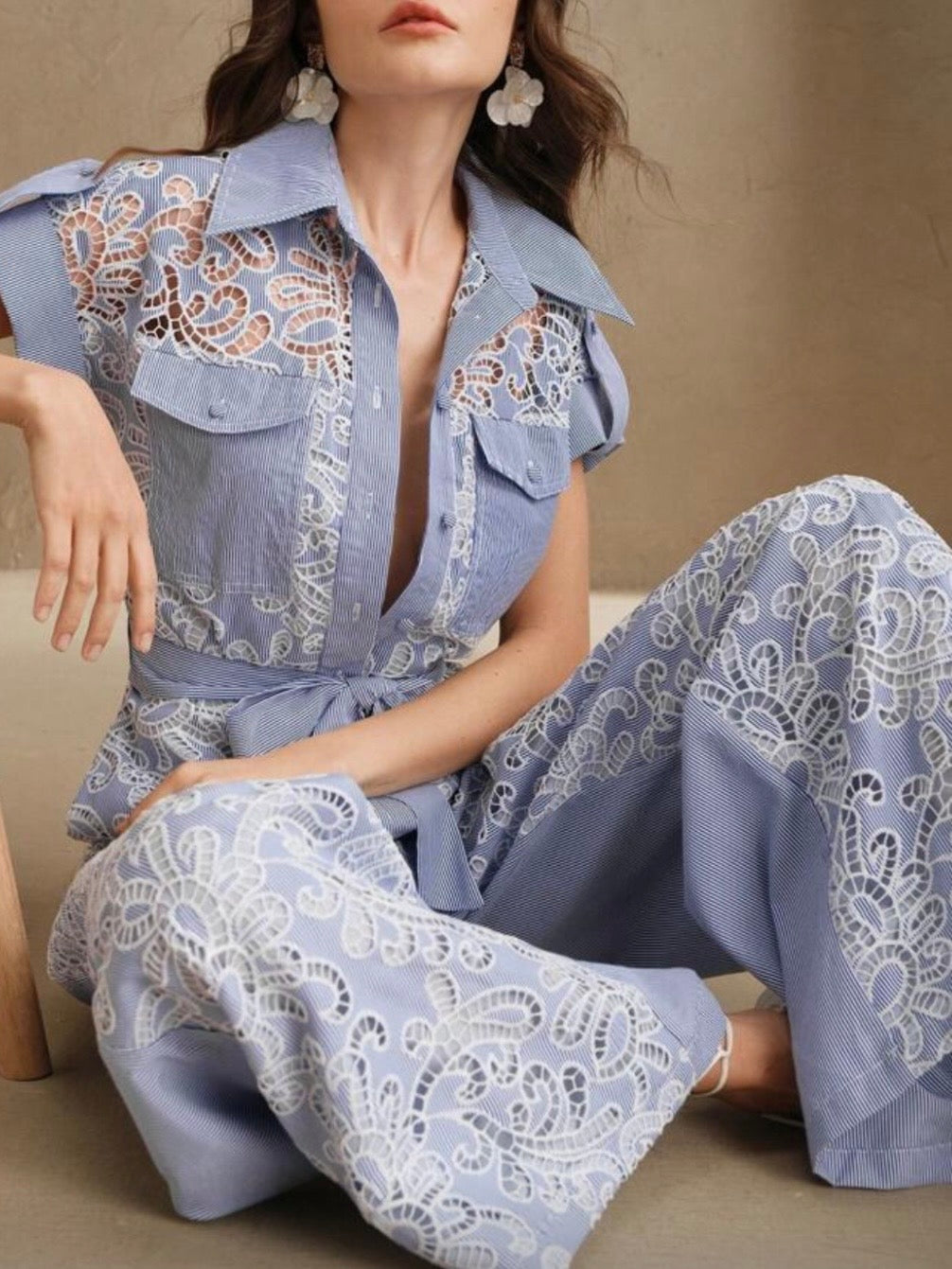 Blue and White striped lace floral jumper