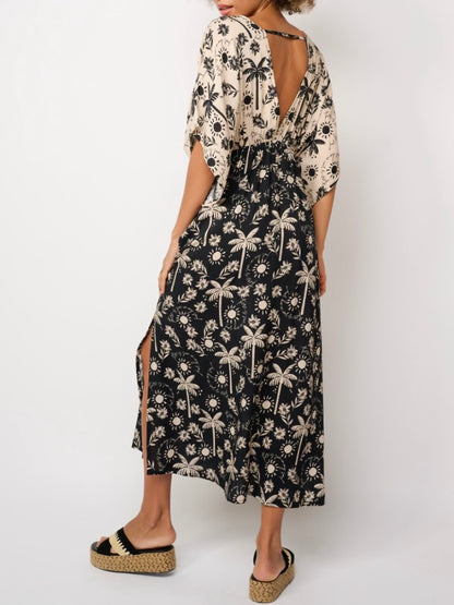 Black and off white palms and suns midi dress