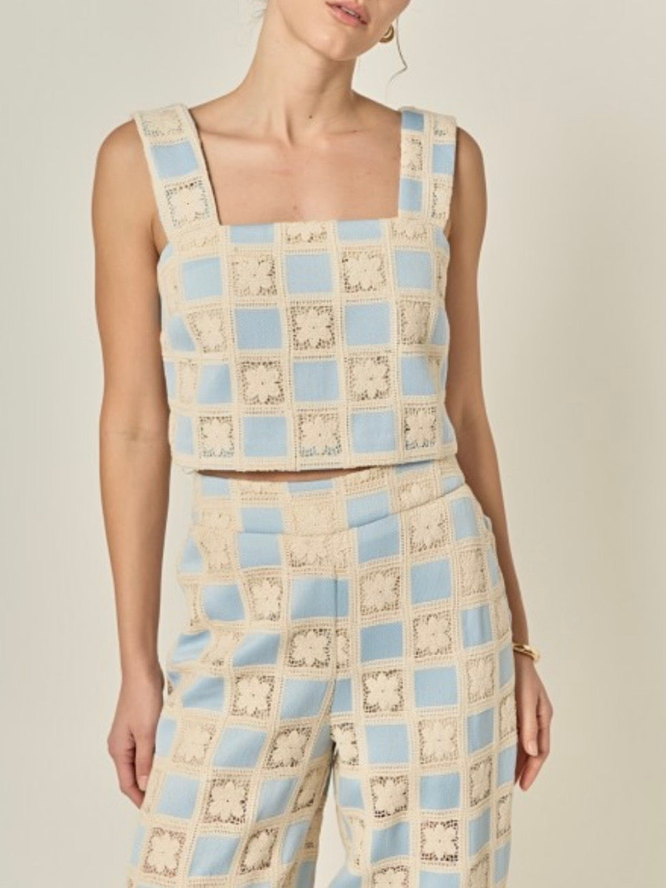 Beige and blue crochet fabric set of 2 shirt and pants