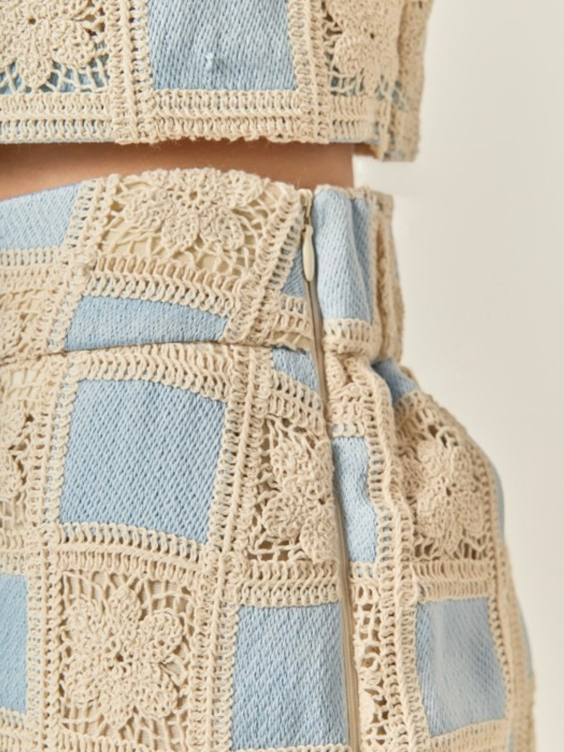 Beige and blue crochet fabric set of 2 shirt and pants