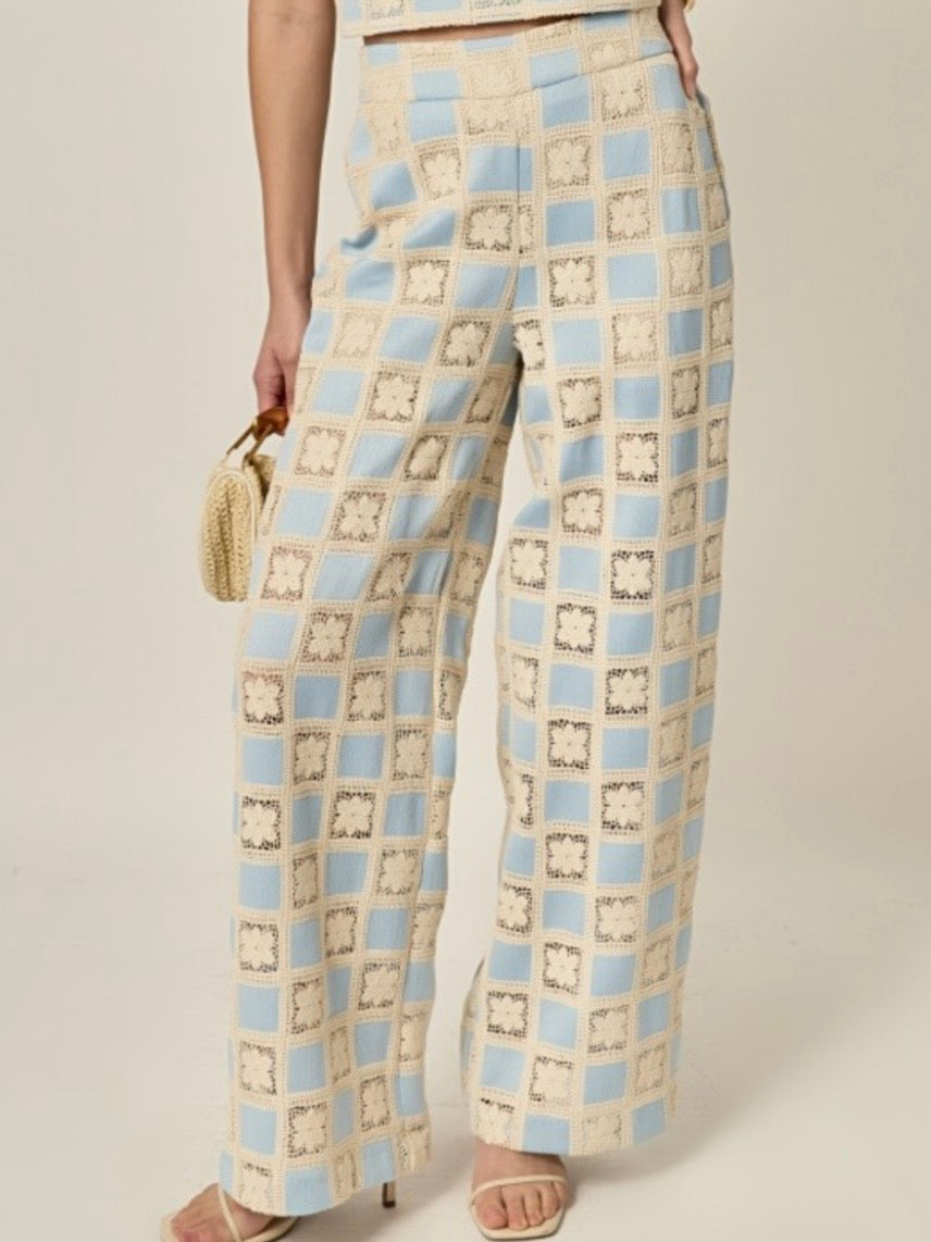 Beige and blue crochet fabric set of 2 shirt and pants