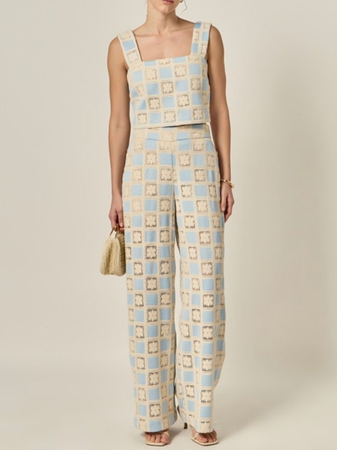 Beige and blue crochet fabric set of 2 shirt and pants