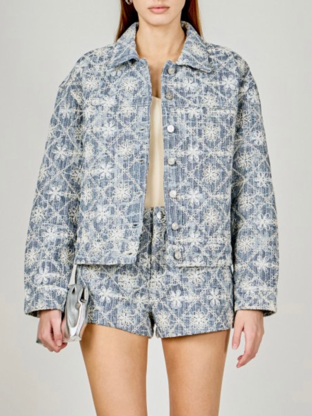 Light blue denim fabric set of 2 jacket and pants