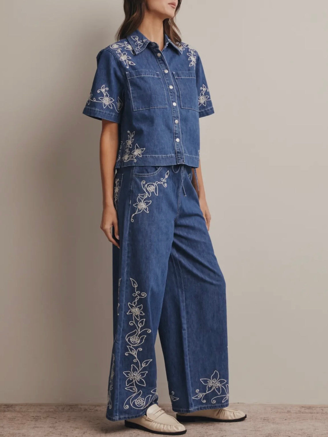 Blue wide embroidered leg jeans set top and pants