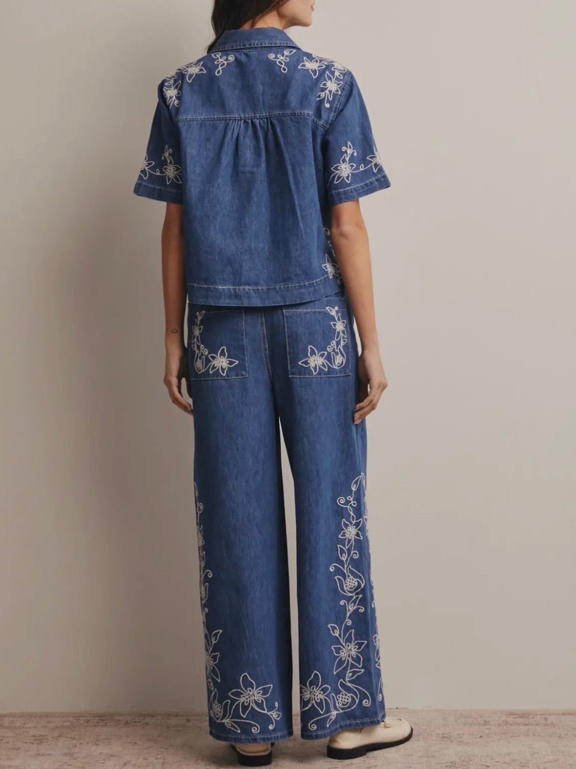 Blue wide embroidered leg jeans set top and pants