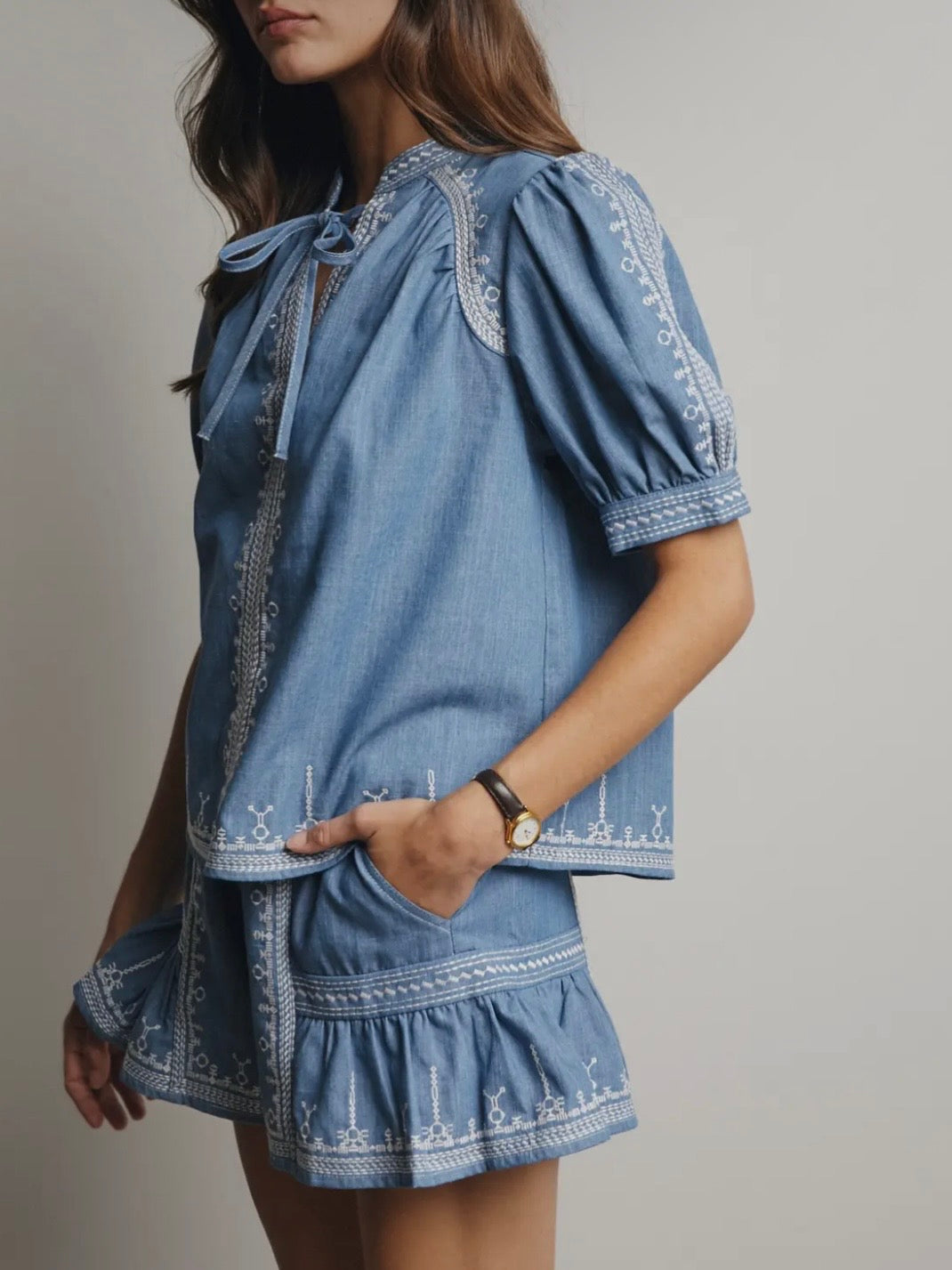 Denim Embroidered Blouse With Bead Detail set shorts pants