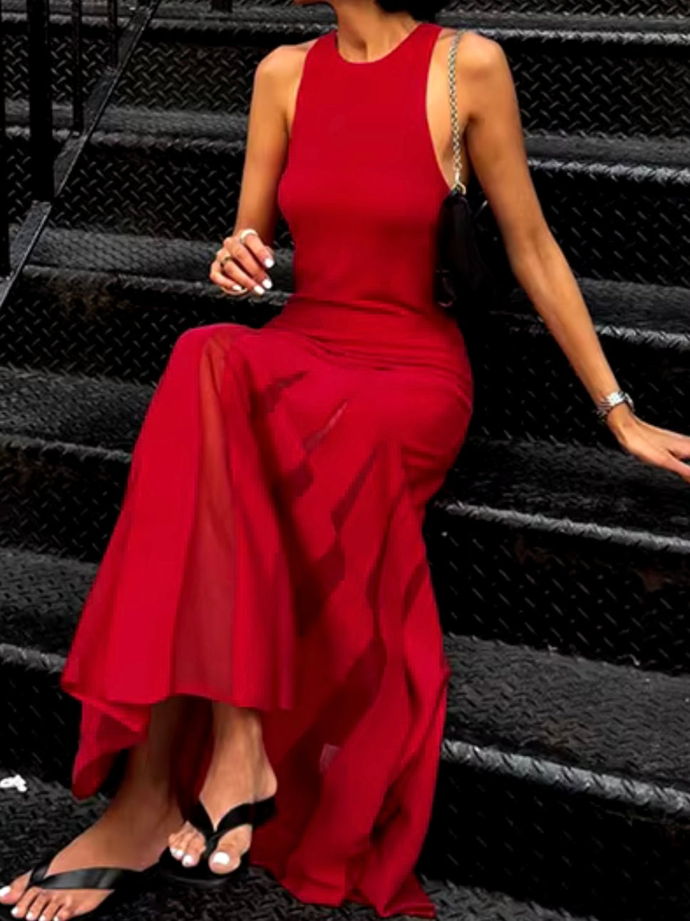 Red solid maxi dress