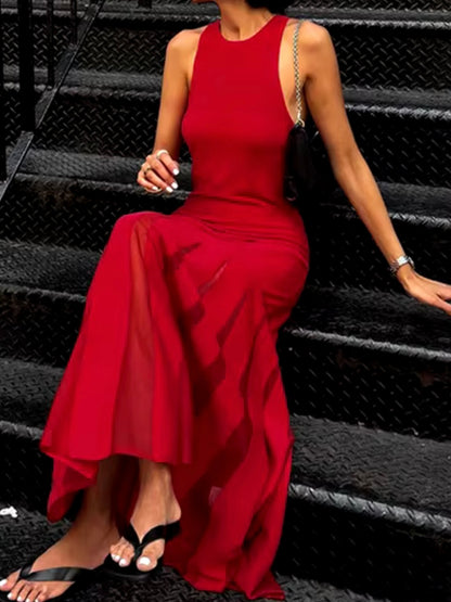 Red solid maxi dress