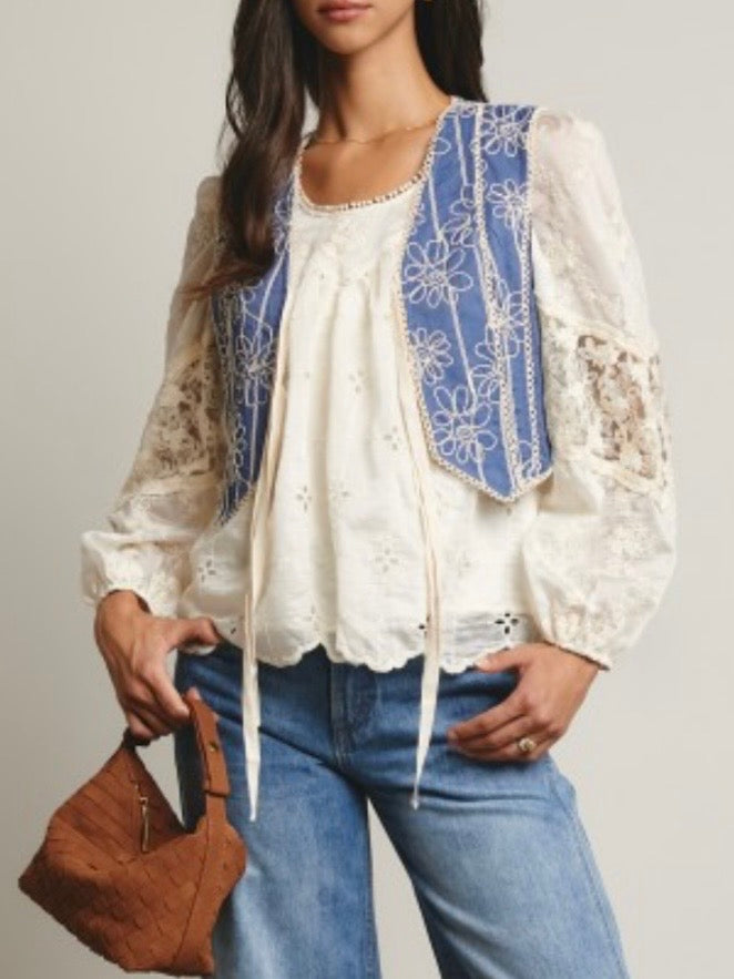 Blue floral Detail Tailored Denim Vest Top