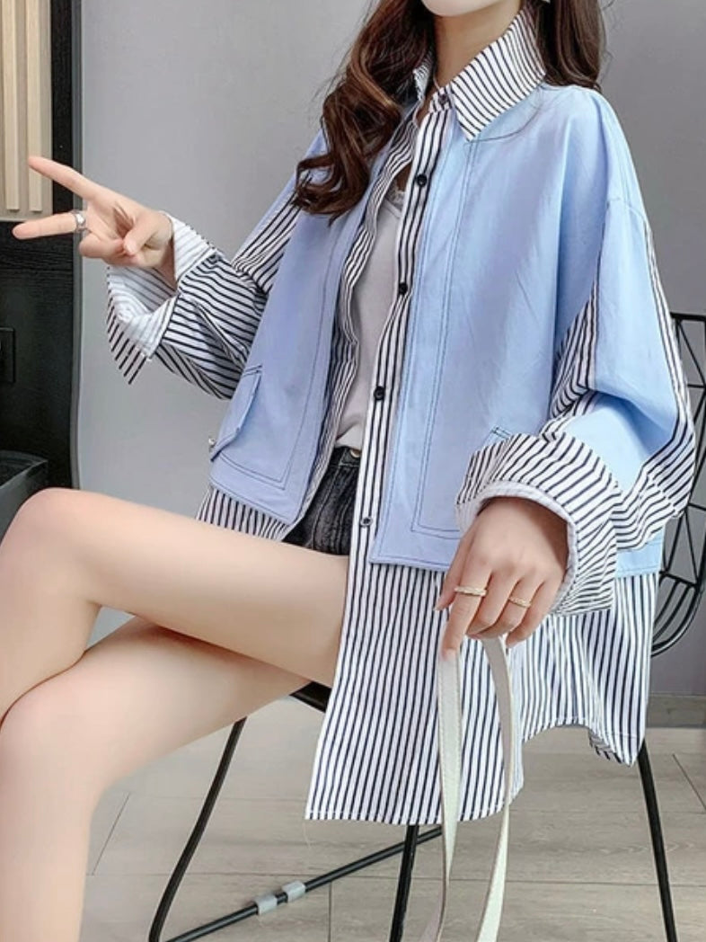 Light blue and white oversized striped mix fabrics shirt