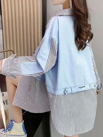 Light blue and white oversized striped mix fabrics shirt