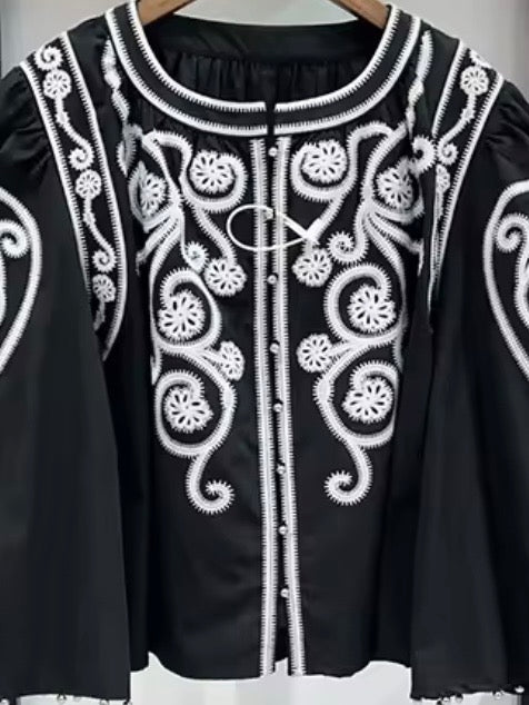 Black embroidered floral shirt