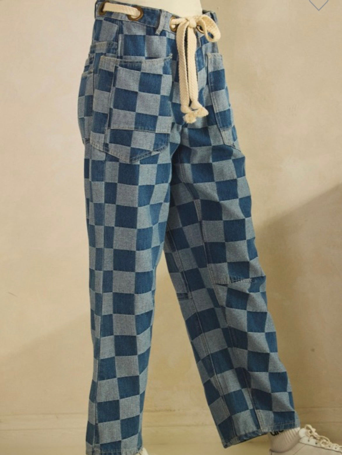 Blue tones checkered print Pattern Barrel Pants