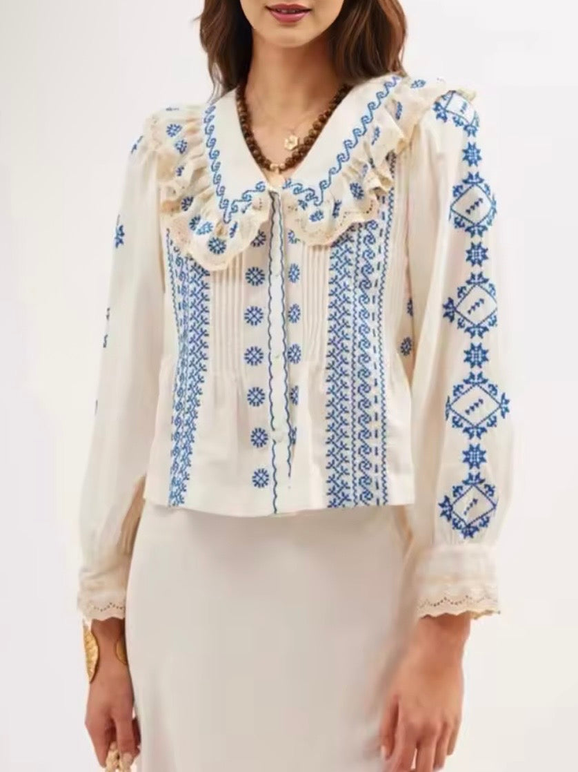 Off white and light blue details big neckline ruffled shirt